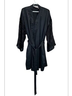 Vintage Versailles Black Satin Robe with Sheer Velvet Sleeves